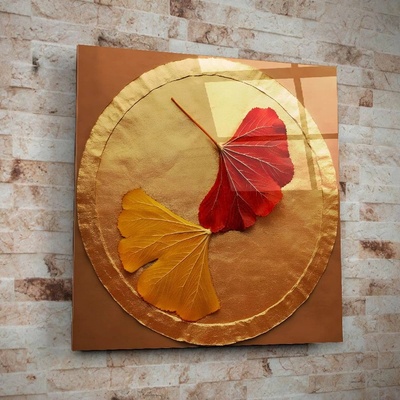 Art gift Стъклено арт пано с елегантни листа - златен акцент за интериора