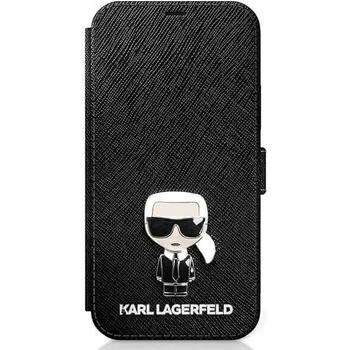 KARL LAGERFELD Saffiano Ikonik Booktype Leather Case - дизайнерски кожен калъф, тип портфейл за iPhone 12, iPhone 12 Pro (черен)
