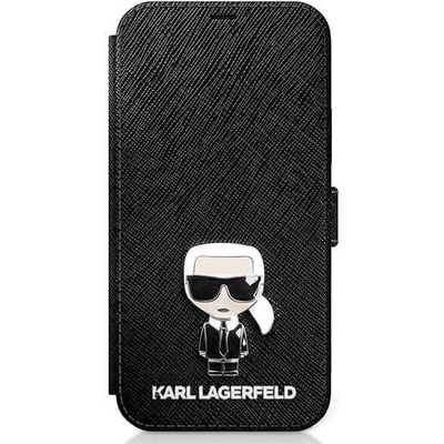 KARL LAGERFELD Saffiano Ikonik Booktype Leather Case - дизайнерски кожен калъф, тип портфейл за iPhone 12, iPhone 12 Pro (черен)