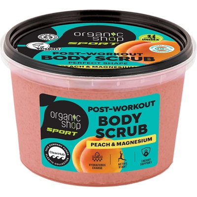 Organic Shop Sport telový peeling po tréningu broskyňa a horčík 250 ml