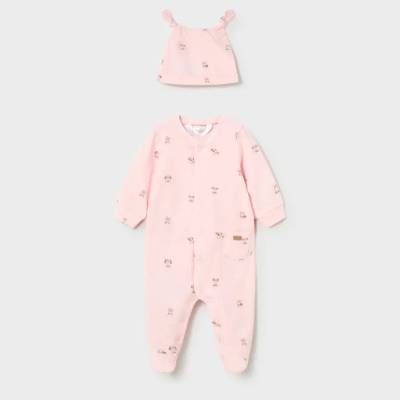 Mayoral Гащеризон дълъг с шапка в розов цвят с кученца за новородено момиче Mayoral