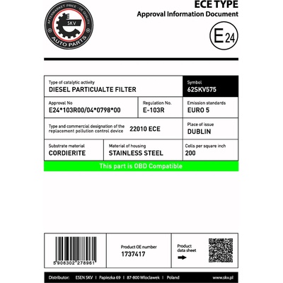 Filtr pevných částic - DPF ESEN SKV 62SKV575
