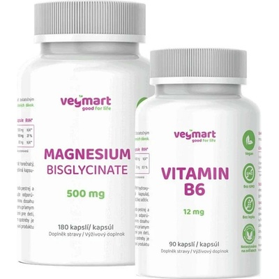 Vegmart Vegmart Hořčík bisglycinát 500 mg, 180 kapslí + Vegmart Vitamín B6 12 mg 90 kapslí