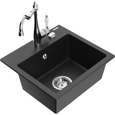 Mexen Milo гранитна мивка с 1 камера с кухненски смесител Carla, черен/сребърен металик - 6505-73-670700-00 (6505-73-670700-00)