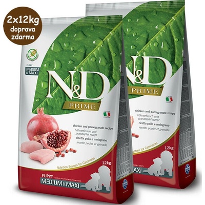 N&D Prime Dog Puppy Medium & Maxi Grain Free Chicken & Pomegranate 2 x 12 kg