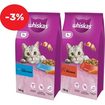 Whiskas Adult 14кг - суха котешка храна с риба тон и зеленчуци + WHISKAS Adult 14кг - с говеждо месо