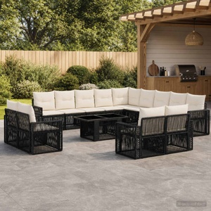 vidaXL Градински Софа Комплект 14 бр. Черно и кремаво бяло полиратан (3436876)