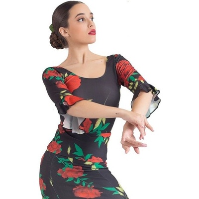 Happy Dance Květinová halenka na flamenco E4754 černá s barevnými květy