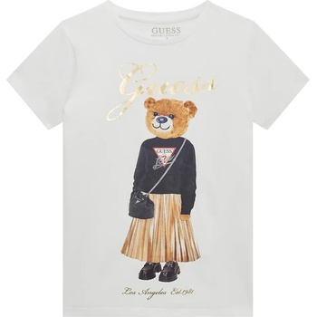 GUESS Памучна тениска в бяло с цветно мече за момиче и златист надпис Guess