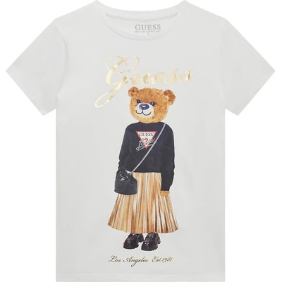 GUESS Памучна тениска в бяло с цветно мече за момиче и златист надпис Guess