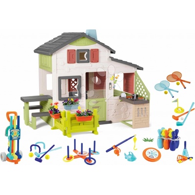 Smoby Set domček Priateľov s predzáhradkou a športová sada Friends House Life rozšíriteľný 6 druhov hier s tenisom a kroketom a kuchynka
