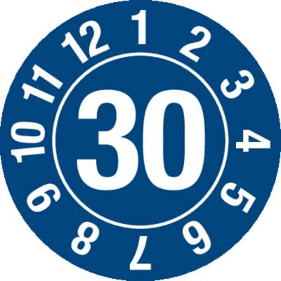 Kontrolná nálepka 30, kruh, modrá, fólia samolepiaca, 10 mm, BJ = 1 x 128 ks