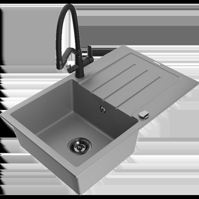 Bruno еднокоморна гранитна мивка с отцедник и кухненски смесител Duo, сив - 6513-71-671701-70-B (6513-71-671701-70-B)
