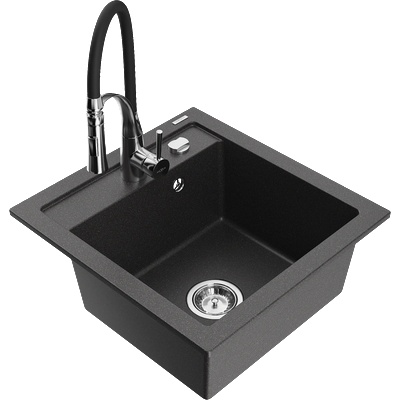 Mexen Vito гранитна кухненска мивка с 1 корито с батерия Aster, черна със (6503-76-73450-07)