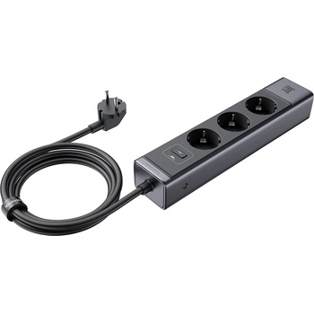 Xmart Разклонител със защита от пренапрежение Xmart 3 x Шуко гнезда + 2 x USB-C PD + 1 x USB-A QC интерфейси, GaN, 30W, Черен (24764)