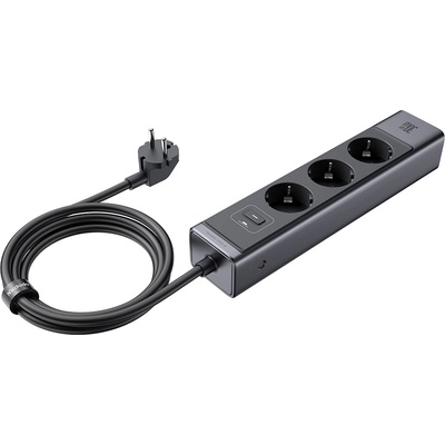Xmart Разклонител със защита от пренапрежение Xmart 3 x Шуко гнезда + 2 x USB-C PD + 1 x USB-A QC интерфейси, GaN, 30W, Черен (24764)