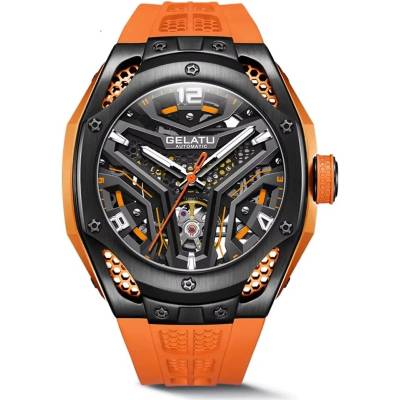 Gelatu Мъжки часовник GELATU Luxury Sport, Автоматичен, Силиконова каишка, Оранжев (GELATU-6008-ORANGE)
