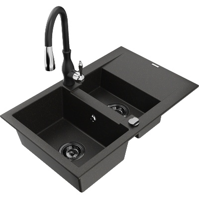 Mexen Gaspar гранитна мивка с 1, 5 камери и отцедник и кухненски смесител Savita, черен/златен - 6507-75-672601-70-B (6507-75-672601-70-B)