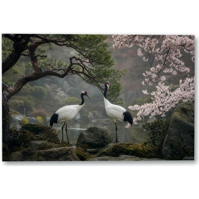 Plakát – Dvojice jeřábů mezi kvetoucími větvemi 135 × 90 cm Bez rámu Ne Bez rámu