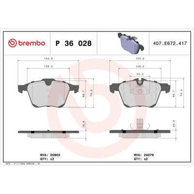 Sada brzdových platničiek, vždy 4 kusy v sade BREMBO P 36 028 (P36028)