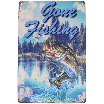 Kovová ceduľa retro Rybolov 20x30cm Gone Fishing