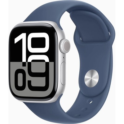 Apple Watch Series 10 46mm stříbrný hliník s denimovým sportovním řemínkem M/L MWWM3QC/A