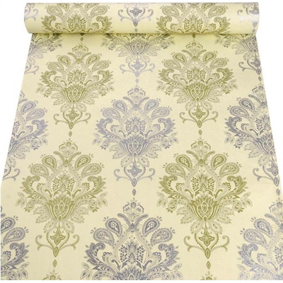 IMPOL TRADE 9015 Samolepící tapety zámecký vzor stříbrnýna žlutém podkladu 45 cm x 10 m