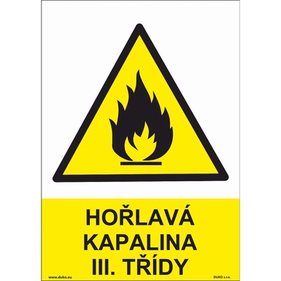 DUKO HOŘLAVÁ KAPALINA III. TŘÍDY Formát: 210 x 297 mm, Materiál: plast 5 mm, samolepící vinylová fólie