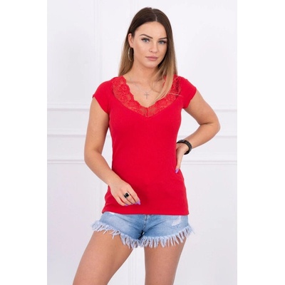 tričko s výstrihom čipky Červená