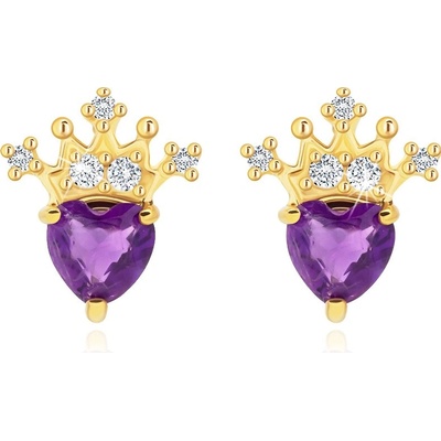 Šperky Eshop Náušnice z 14K zlata korunka s ametystovým srdcem a zirkony GG89.37
