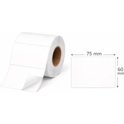 Papierová Etiketa 75 mm x 60 mm, Matný papier, Biela, Dutinka 25 mm, 1000 ks/kotúč, Silné lepidlo