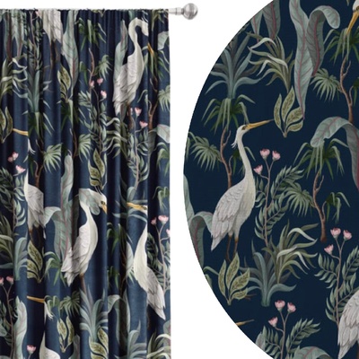 Soovi Home Zatemňovací záves White Herons – modrý podklad, volavky a tropické rastliny v jemnej kresbe Veľkosť: 140x250 na riasiaci pás