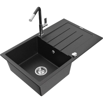 Mexen Bruno гранитна мивка с 1 корито с отцедник и кухненски смесител Flora, черно/сребрист металик - 6513-73-670401-07 (6513-73-670401-07)