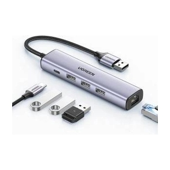 UGREEN HUB UGREEN multifunkční adaptér HUB USB 3.0 - 3 x USB / Ethernet RJ-45 / USB Typ C PD šedý (CM475)