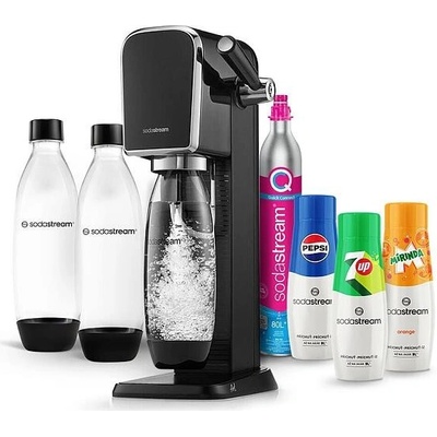SET Výrobník sody SodaStream Art Black Náhradní láhev SodaStream FUSE 2x1l černá Sirup Pepsi 440 ml Sirup 7UP 440 ml Sirup Mirinda 440 ml
