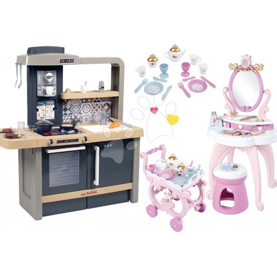 Smoby Set kuchynka elektronická s nastaviteľnou výškou Tefal Evolutive a kozmetický stolík Princezné so servírovacím vozíkom