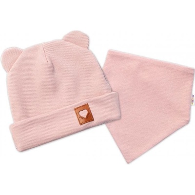 Baby Nellys Rebrovaná dvojvrstvová čiapka s uškami šatka TEDDY púdrová