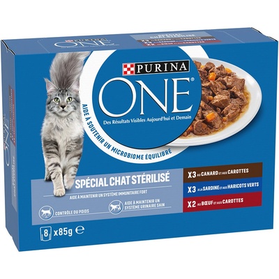 Purina One Sterilised cat Kachna hovězí maso sardinky 8 x 85 g