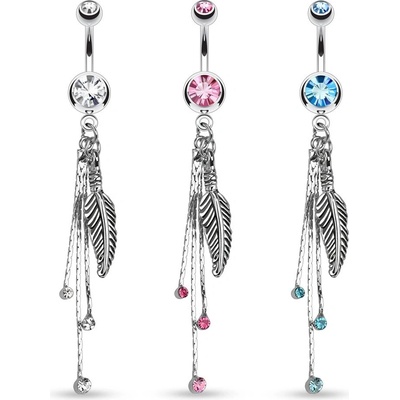 Šperky eshop piercing do břicha stříbrné barvy gravírované pírko řetízky barevné zirkony SP52.26 aqua modrá Q