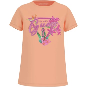 GUESS Оранжева тениска с цикламено лого с глитери и цветя за момиче Guess