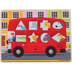 Bigjigs Toys - Дървен пъзел с форми за сортиране - Автобус