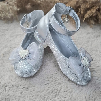 Boty pro dívky střevíčky stříbrné s třpytkami, elegantní s podpatkem