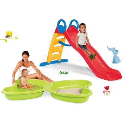 Smoby set pieskovisko Motýľ s vodotryskom a šmykľavka Funny Toboggan 2 metrová