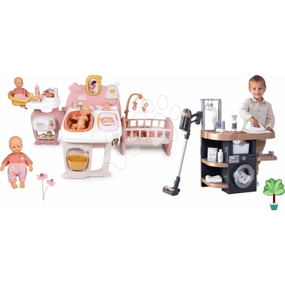 Smoby Set domček pre bábiku trojkrídlový a upratovací kútik Large Doll´s Play Center Soft Baby Nurse s práčkou vysávačom a 32 cm bábika