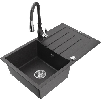 Mexen Bruno еднокамерна гранитна мивка с отцедник и кухненски смесител Savita, черен с пръски - 6513-76-672601-76 (6513-76-672601-76)