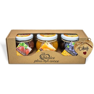 Sklenice plná ovoce Dárek s visačkou děkuji - 3 džemy slazené medem 630g borůvka meruňka malina