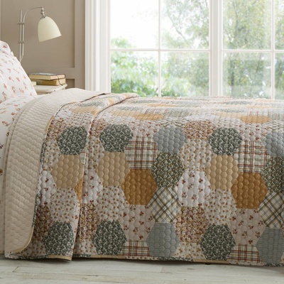 Catherine Lansfield Žlto-béžový prešívaný pléd Floral Patchwork 220x230