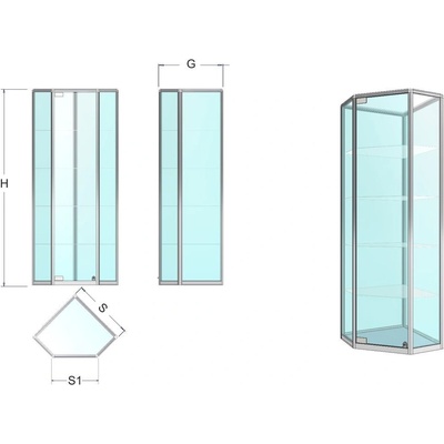Expoint rohová vitrína se základnou ve tvaru pětiúhelníku záda sklo 70 x 70 x 180 x 55 cm – Zboží Dáma