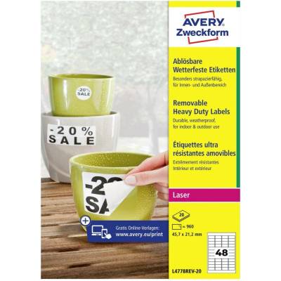 Avery-Zweckform L4778REV-20 45.7 x 21.2 mm prehľad produktov fólie biela 960 ks premiestniteľné Fóliové etikety laser, kópie; L4778REV-20