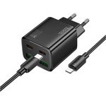 hoco. N56 зарядно устройство 2 USB+2 гнезда Type-C 30W, бързо зарядно PD 3.0 + кабел Lightning, ЧЕРНО N56_LIGHTNING_B (N56_LIGHTNING_B)